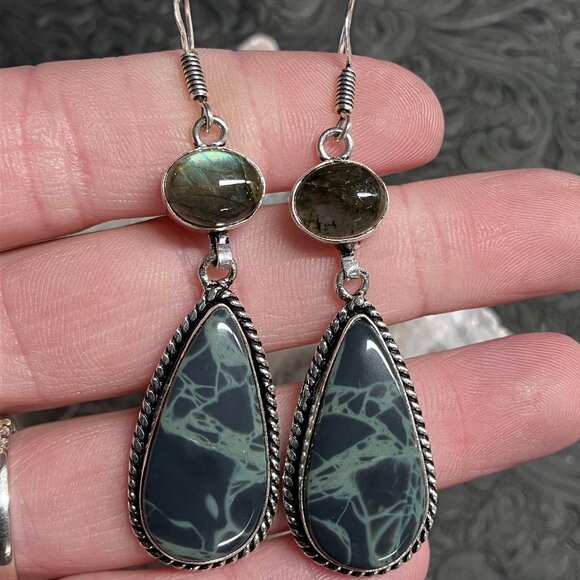 Labradorite and Spiderweb Obsidian Earrings Stone Crystal Jewelry - Picture 5 of 5